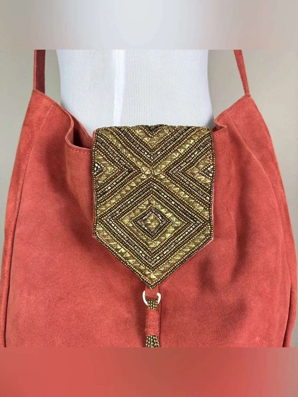 Anthropologie Nadia Suede Beaded Tassel Hobo Crossbody Bag Rust Orange